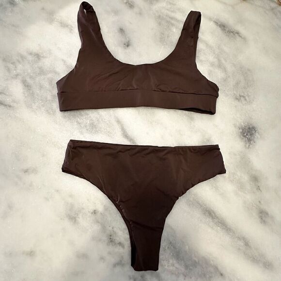 AVA Swim Scoop Neck Sporty 2 Piece Bikini Swimsuit Set Brown Large - Picture 1 of 2